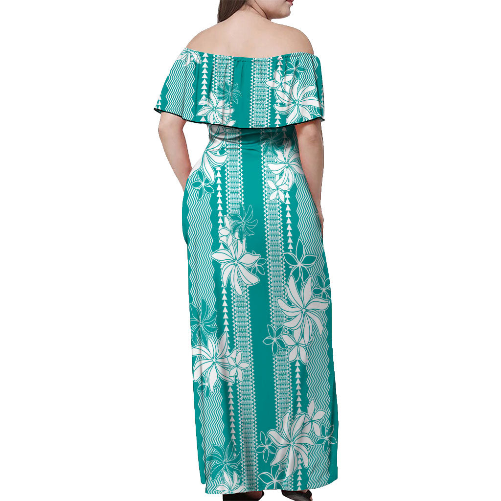 Hawaii Kakau Tribal Off Shoulder Maxi Dress With Teal Tiare