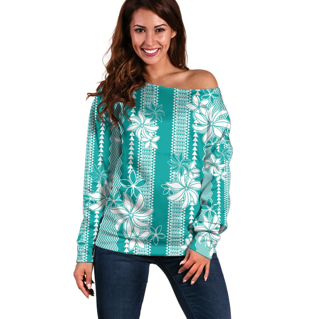 Hawaii Kakau Tribal Off Shoulder Sweater With Teal Tiare