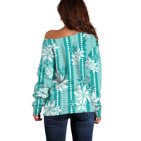 Hawaii Kakau Tribal Off Shoulder Sweater With Teal Tiare