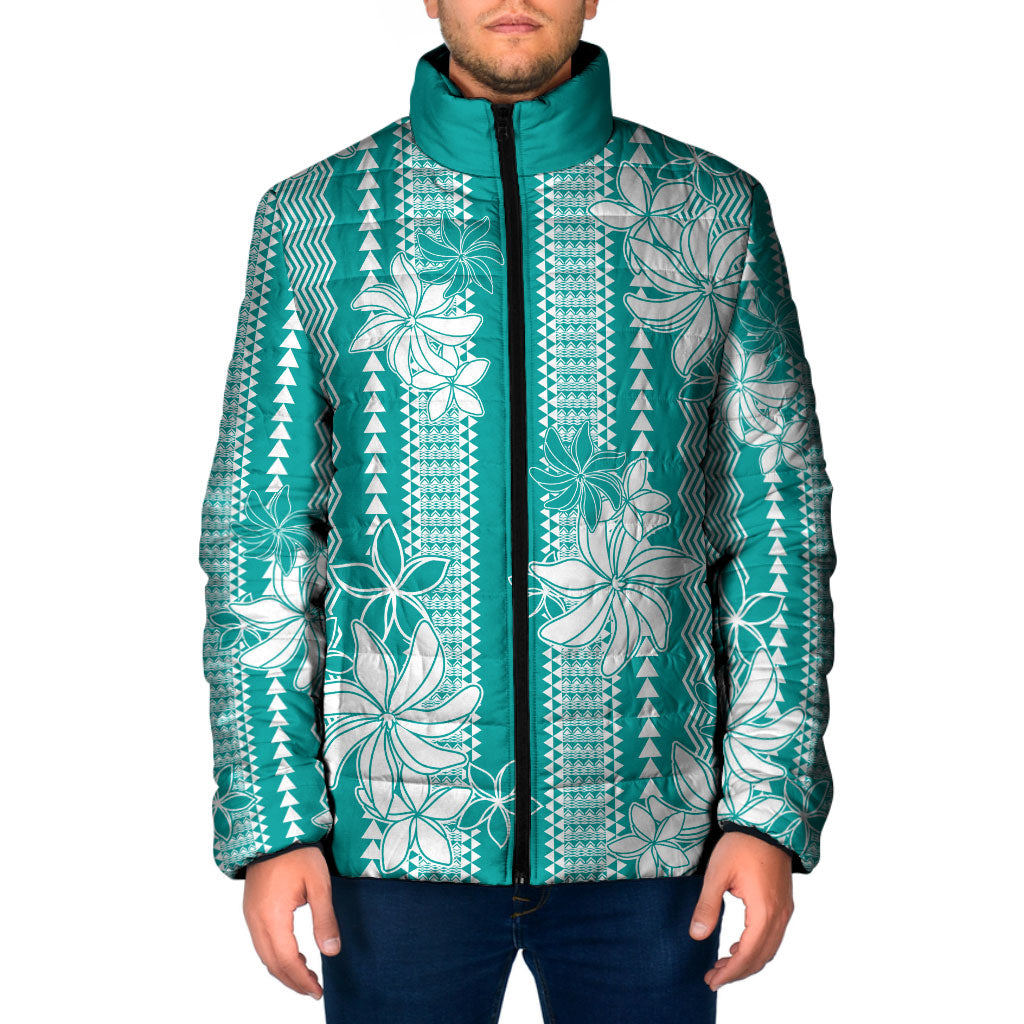 Hawaii Kakau Tribal Padded Jacket With Teal Tiare LT05 Men Teal - Polynesian Pride