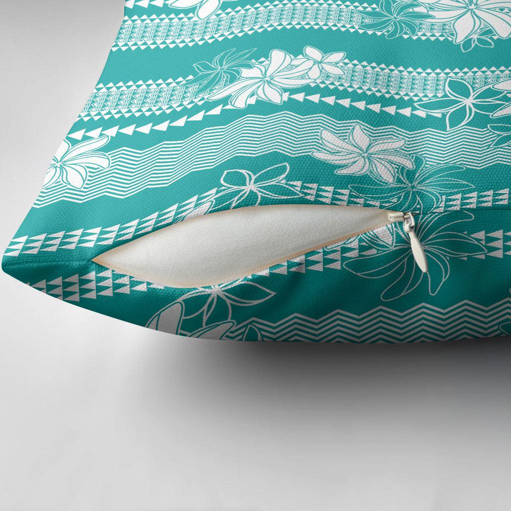 Hawaii Kakau Tribal Pillow Cover With Teal Tiare
