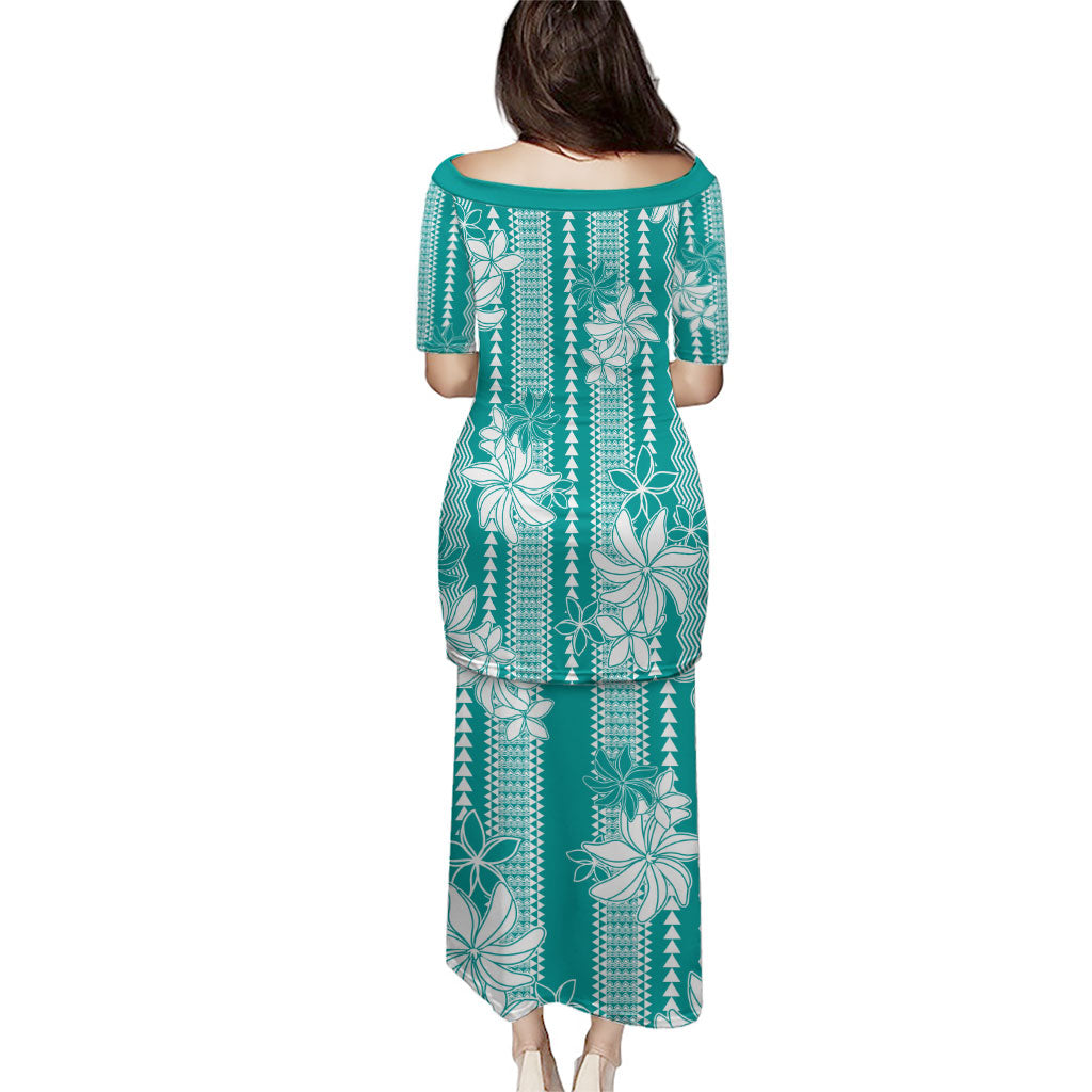Hawaii Kakau Tribal Puletasi With Teal Tiare