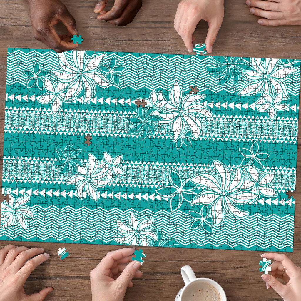 Hawaii Kakau Tribal Puzzle With Teal Tiare
