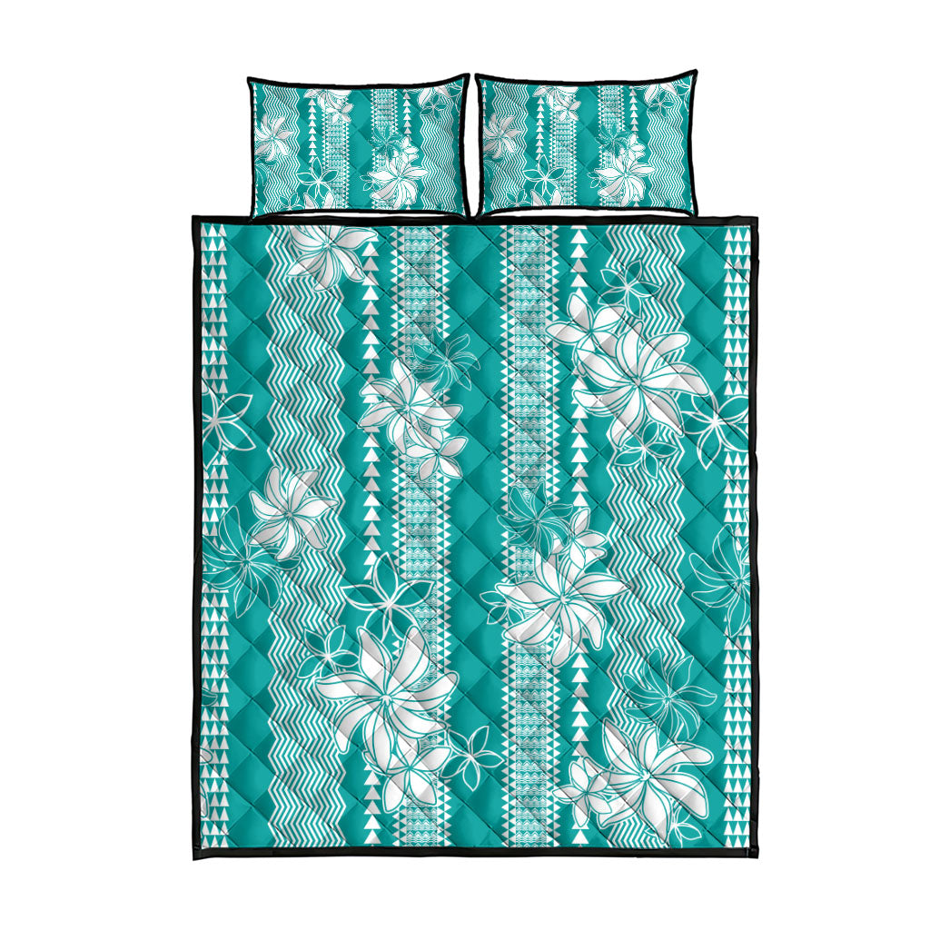 Hawaii Kakau Tribal Quilt Bed Set With Teal Tiare