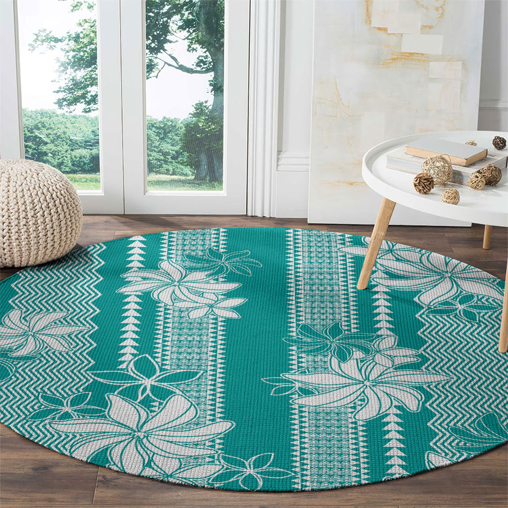 Hawaii Kakau Tribal Round Carpet With Teal Tiare