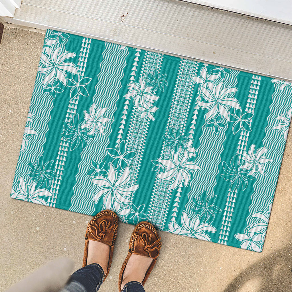 Hawaii Kakau Tribal Rubber Doormat With Teal Tiare