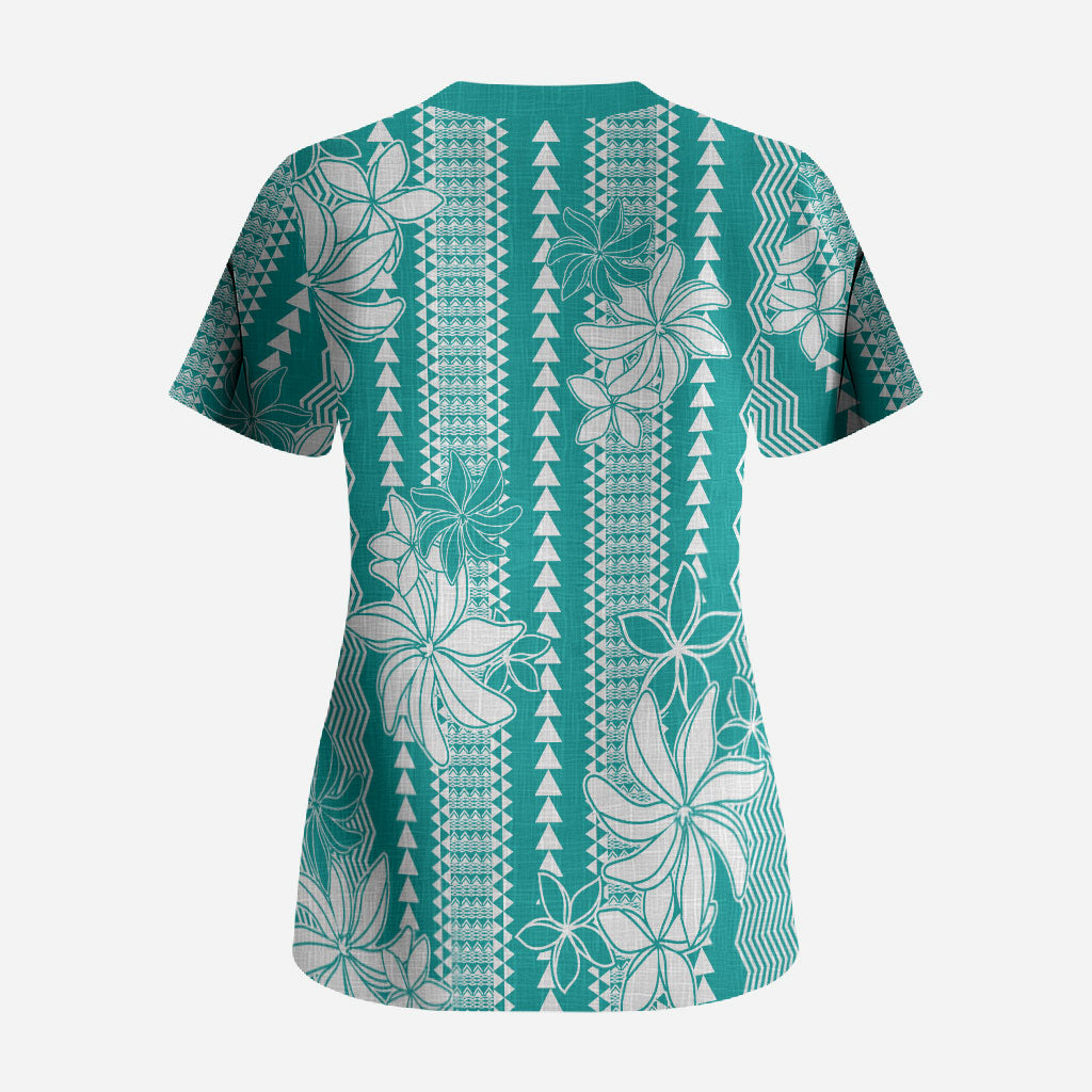 Hawaii Kakau Tribal Scrub Top With Teal Tiare