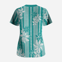 Hawaii Kakau Tribal Scrub Top With Teal Tiare