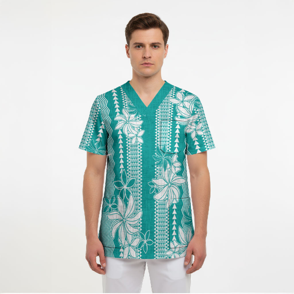 Hawaii Kakau Tribal Scrub Top With Teal Tiare