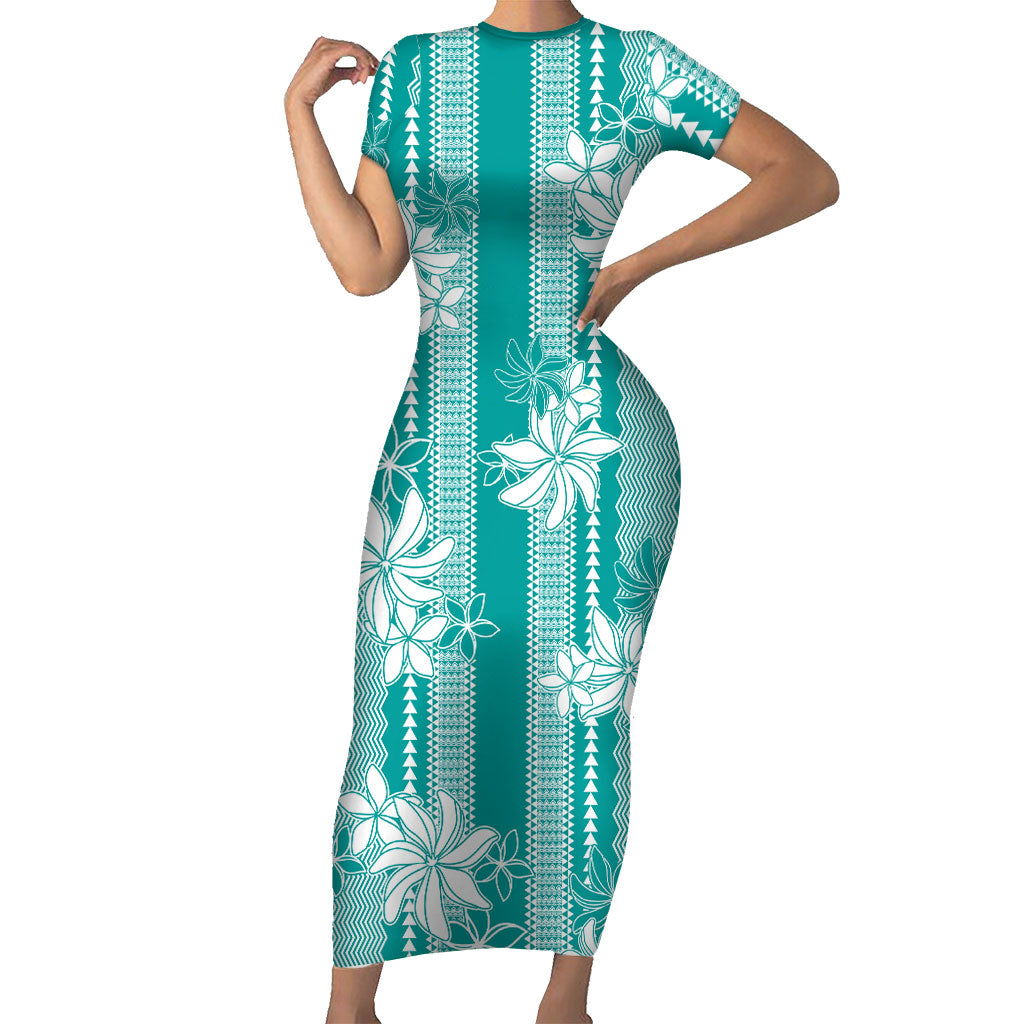 Hawaii Kakau Tribal Short Sleeve Bodycon Dress With Teal Tiare LT05 Long Dress Teal - Polynesian Pride