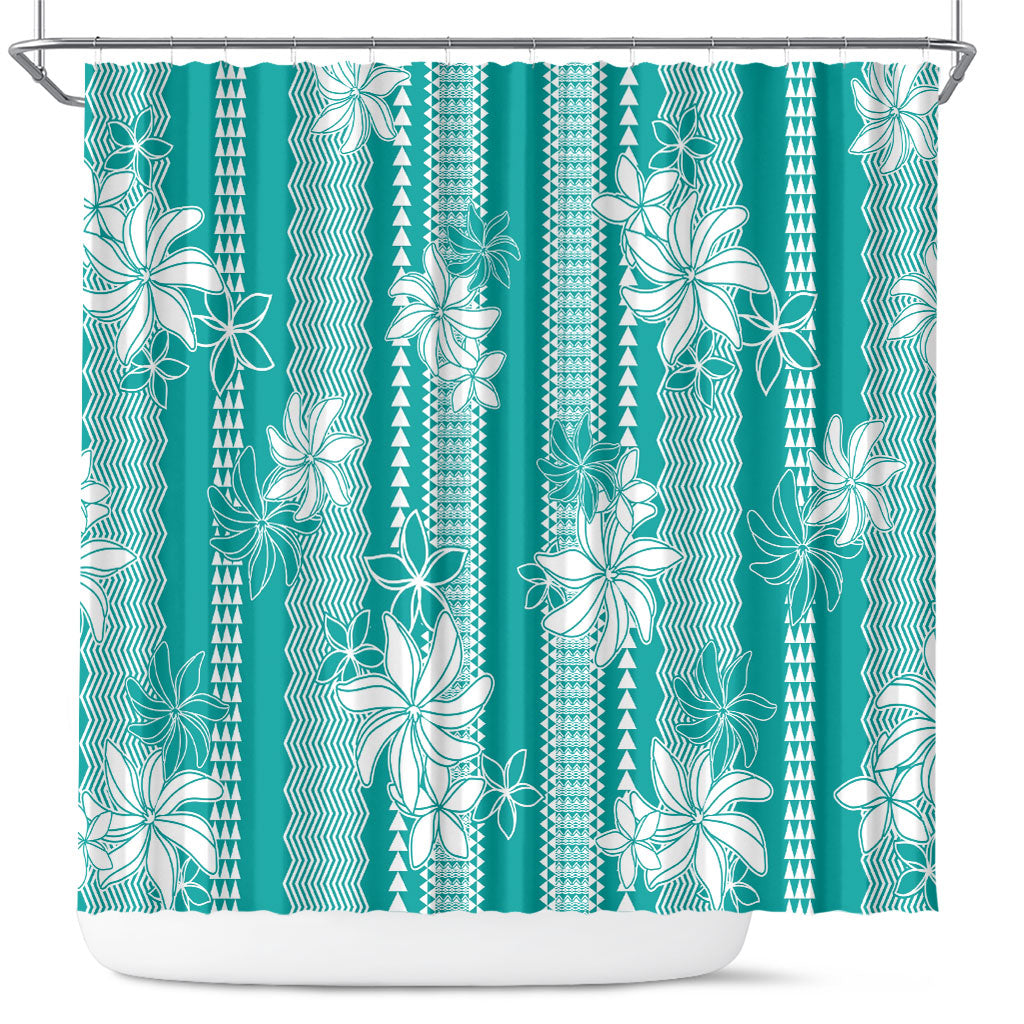 Hawaii Kakau Tribal Shower Curtain With Teal Tiare