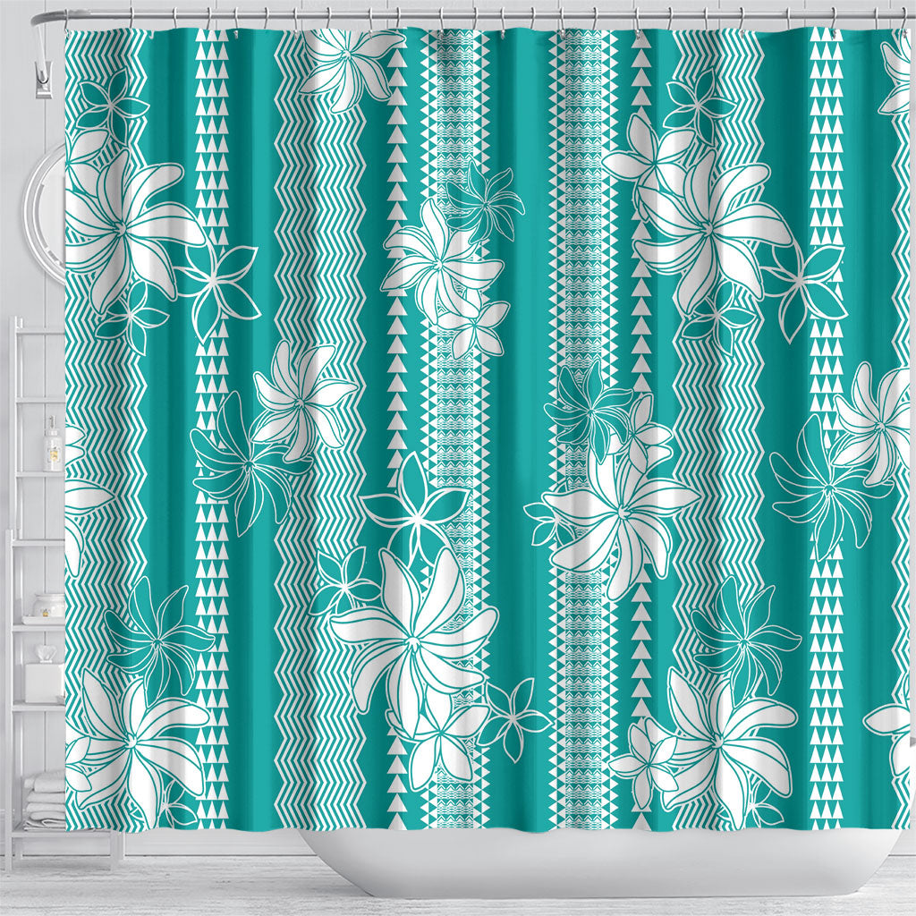Hawaii Kakau Tribal Shower Curtain With Teal Tiare