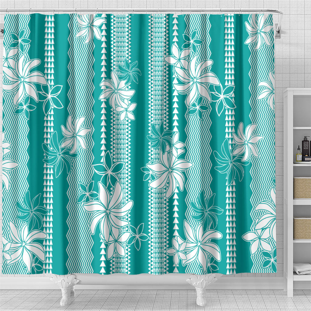 Hawaii Kakau Tribal Shower Curtain With Teal Tiare