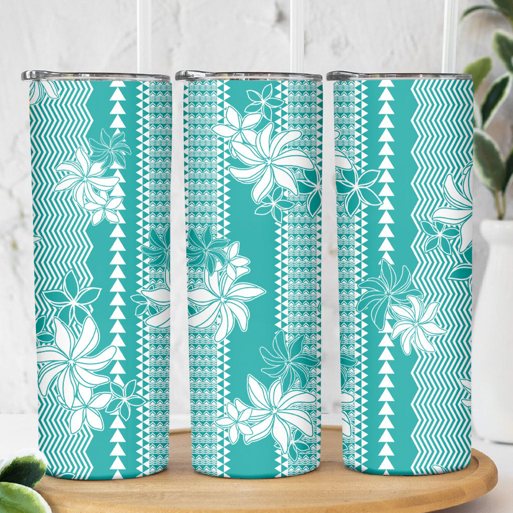 Hawaii Kakau Tribal Skinny Tumbler With Teal Tiare