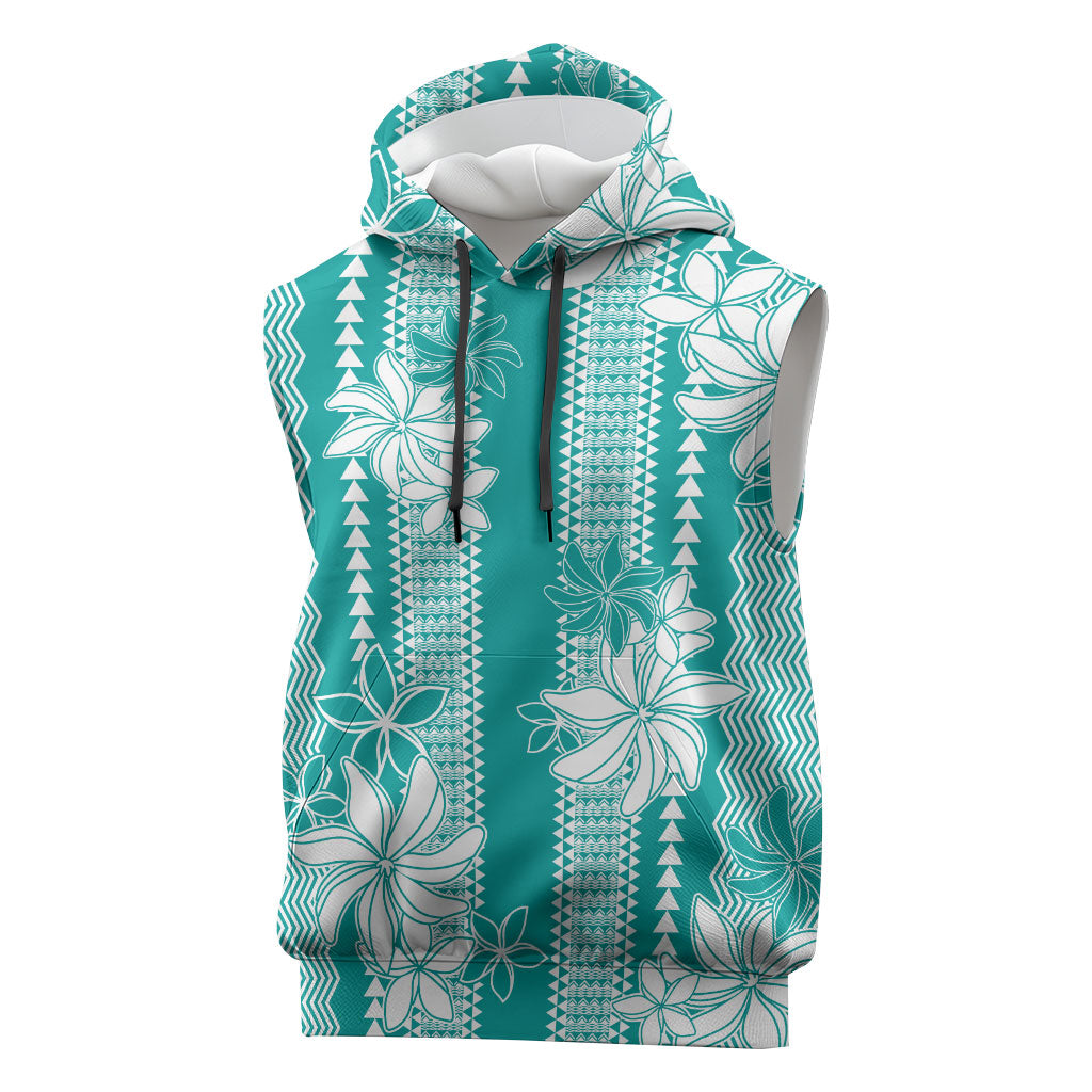 Hawaii Kakau Tribal Sleeveless Hoodie With Teal Tiare LT05 Teal - Polynesian Pride