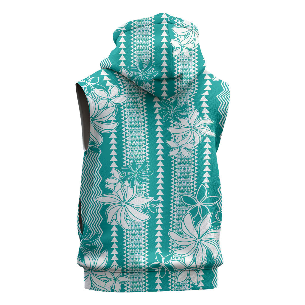 Hawaii Kakau Tribal Sleeveless Hoodie With Teal Tiare