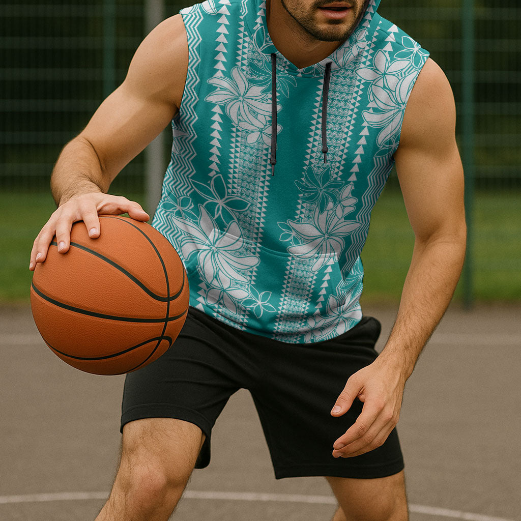Hawaii Kakau Tribal Sleeveless Hoodie With Teal Tiare