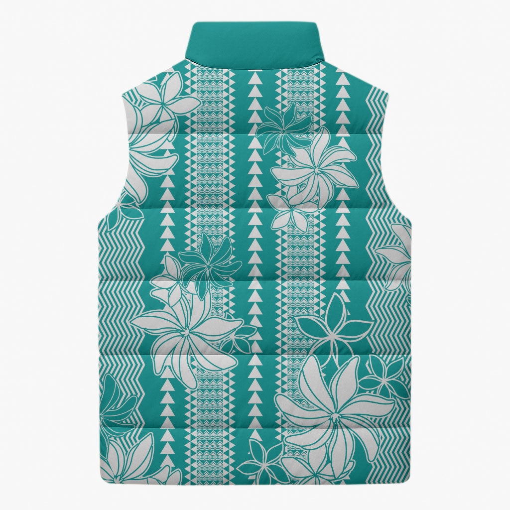 Hawaii Kakau Tribal Sleeveless Puffer Jacket With Teal Tiare