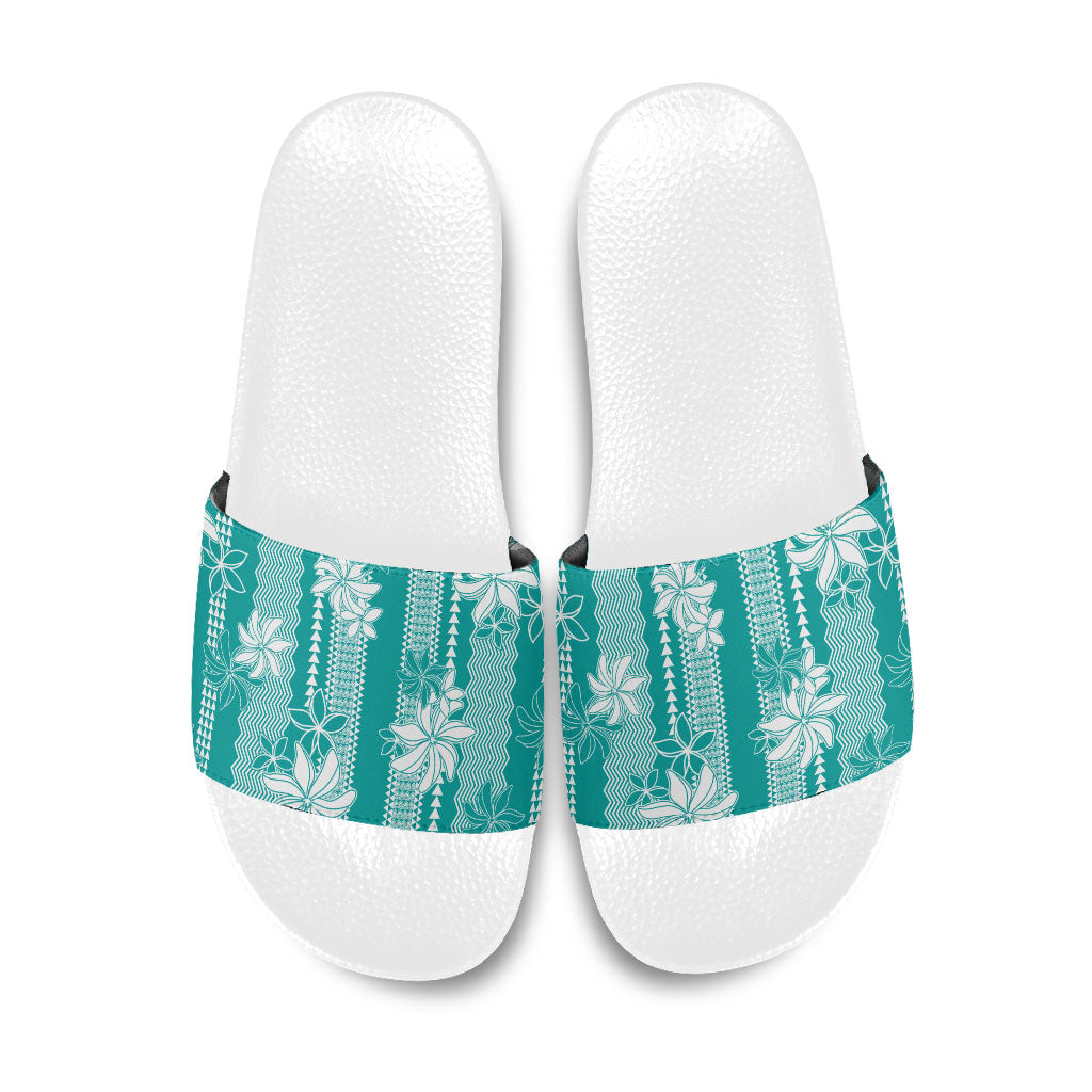Hawaii Kakau Tribal Slide Sandals With Teal Tiare