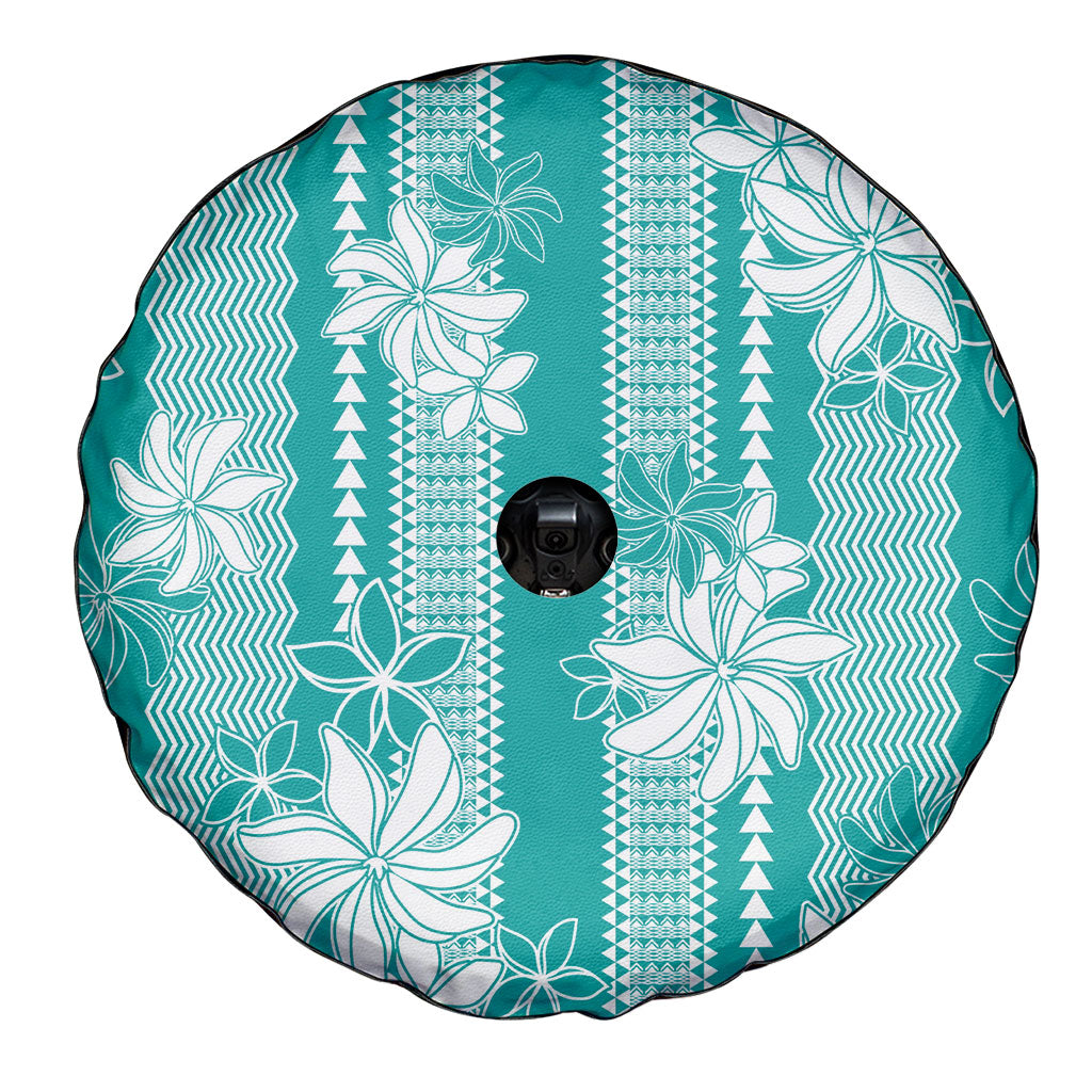 Hawaii Kakau Tribal Spare Tire Cover With Teal Tiare
