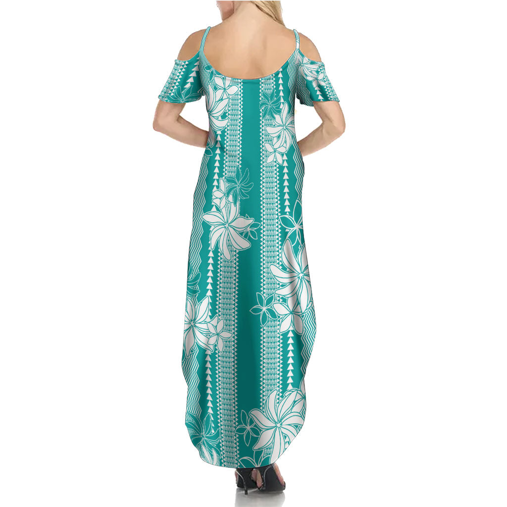 Hawaii Kakau Tribal Summer Maxi Dress With Teal Tiare