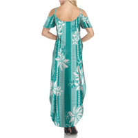 Hawaii Kakau Tribal Summer Maxi Dress With Teal Tiare