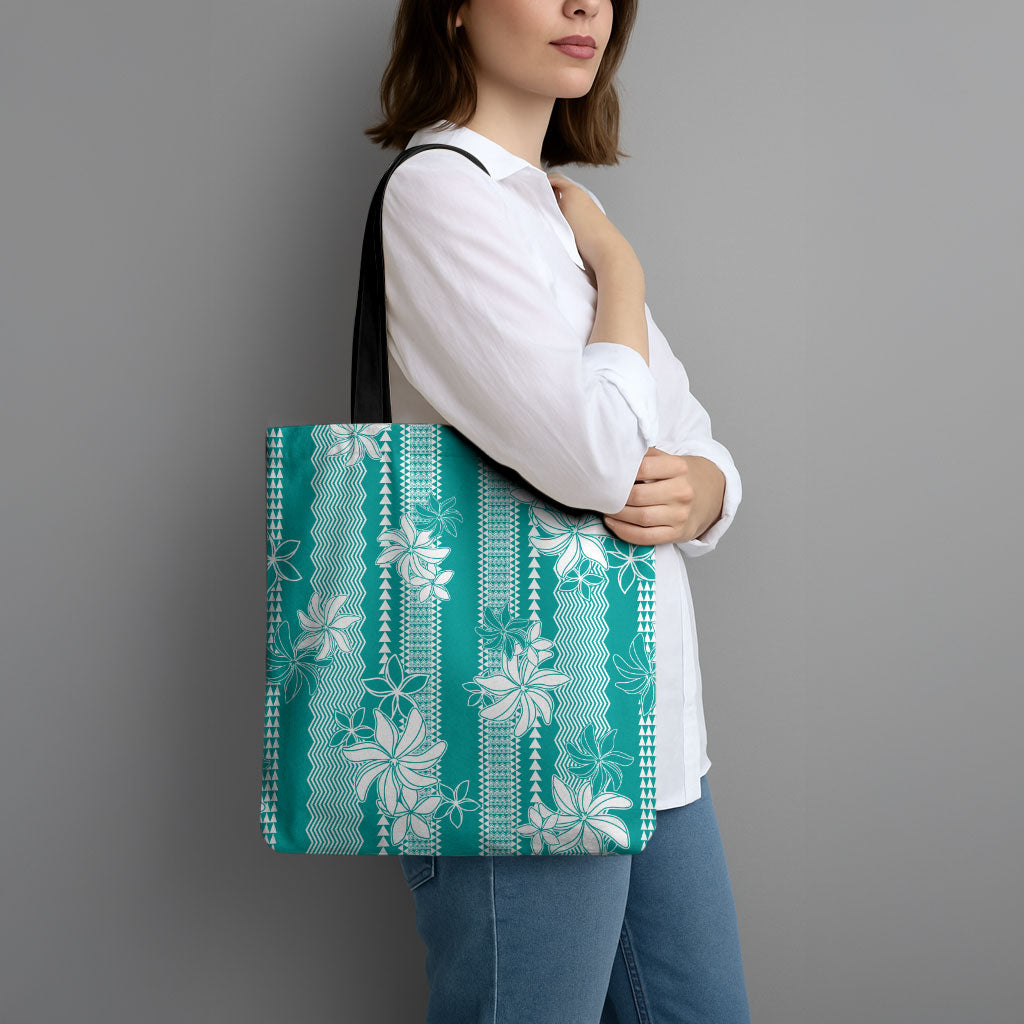 Hawaii Kakau Tribal Tote Bag With Teal Tiare