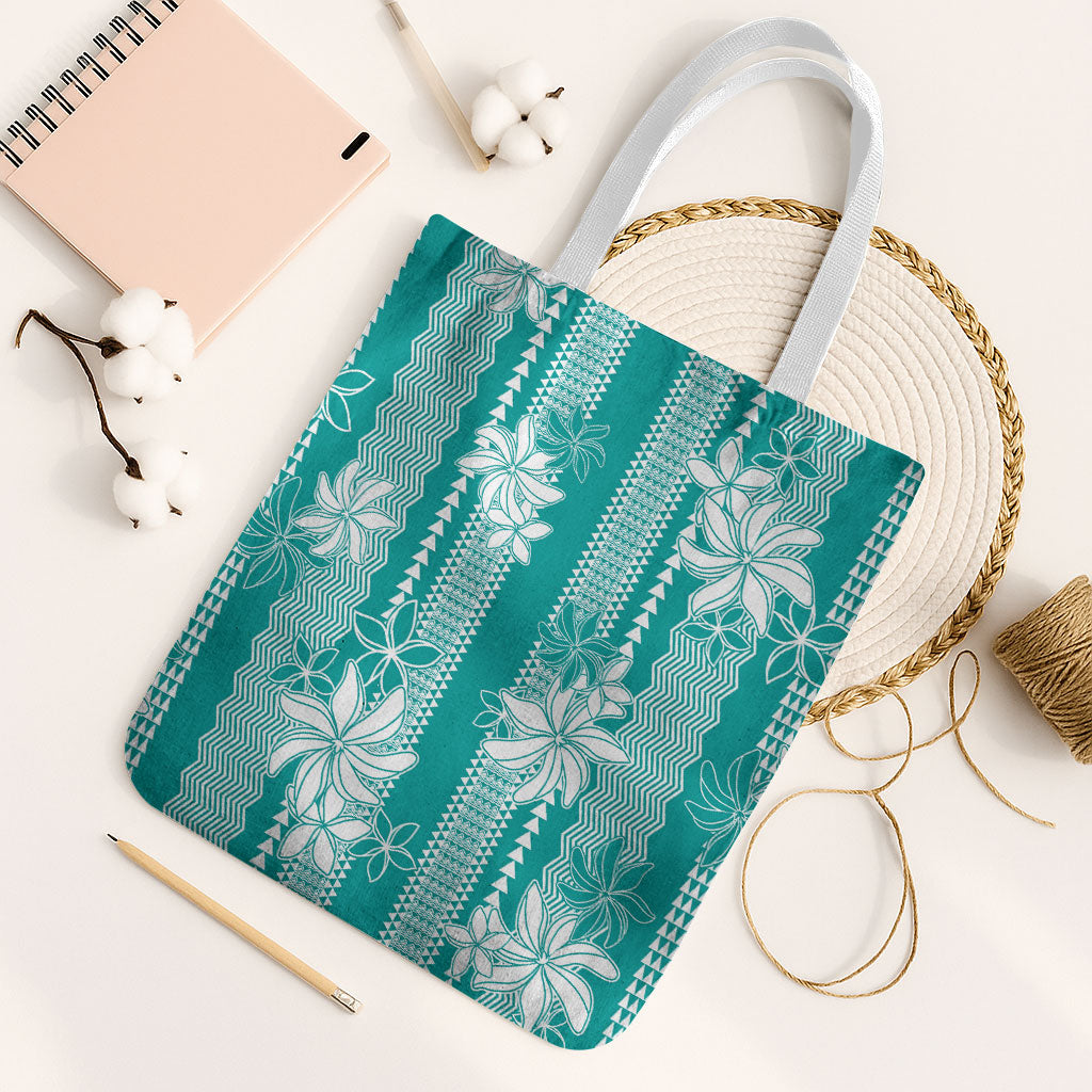 Hawaii Kakau Tribal Tote Bag With Teal Tiare