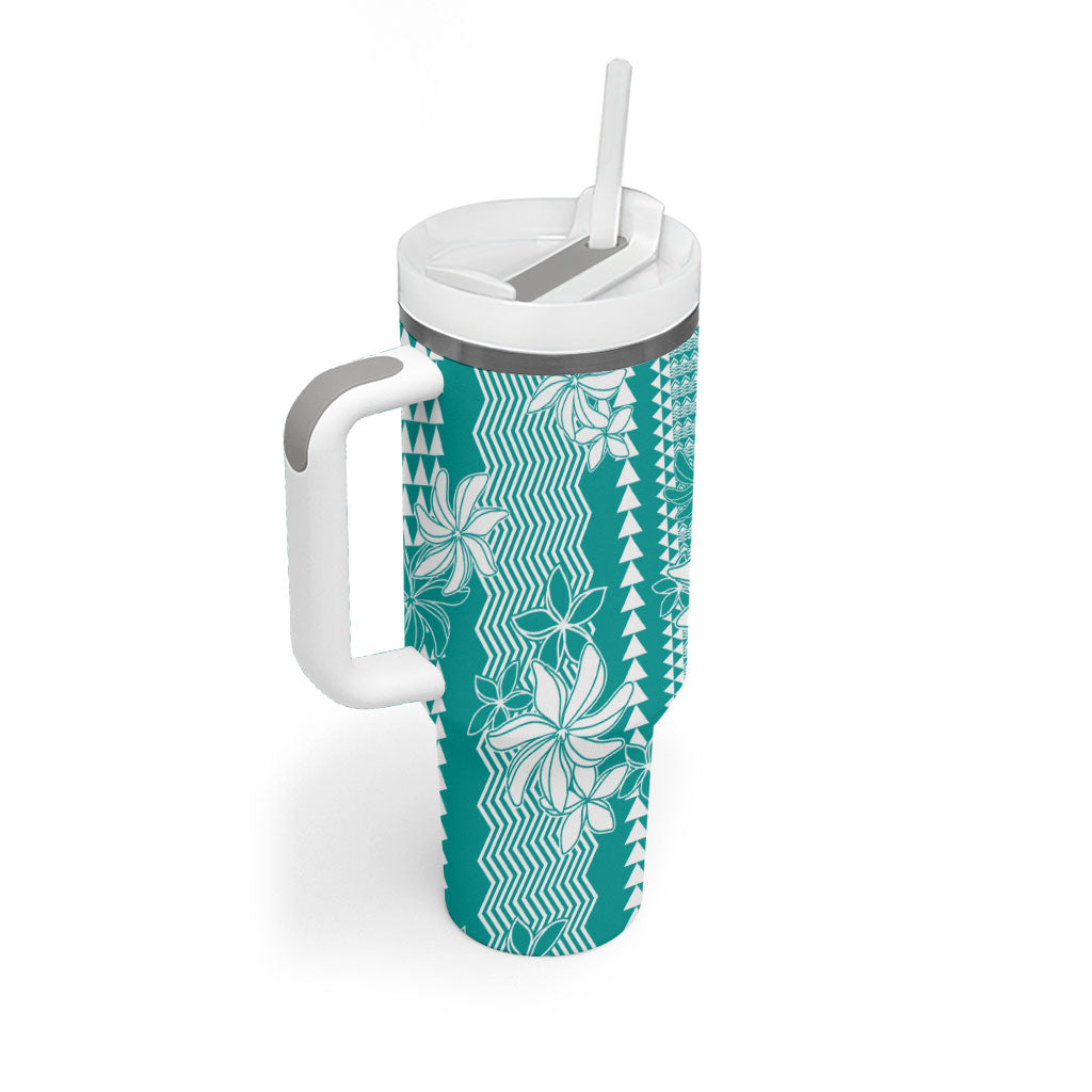 Hawaii Kakau Tribal Tumbler With Handle With Teal Tiare