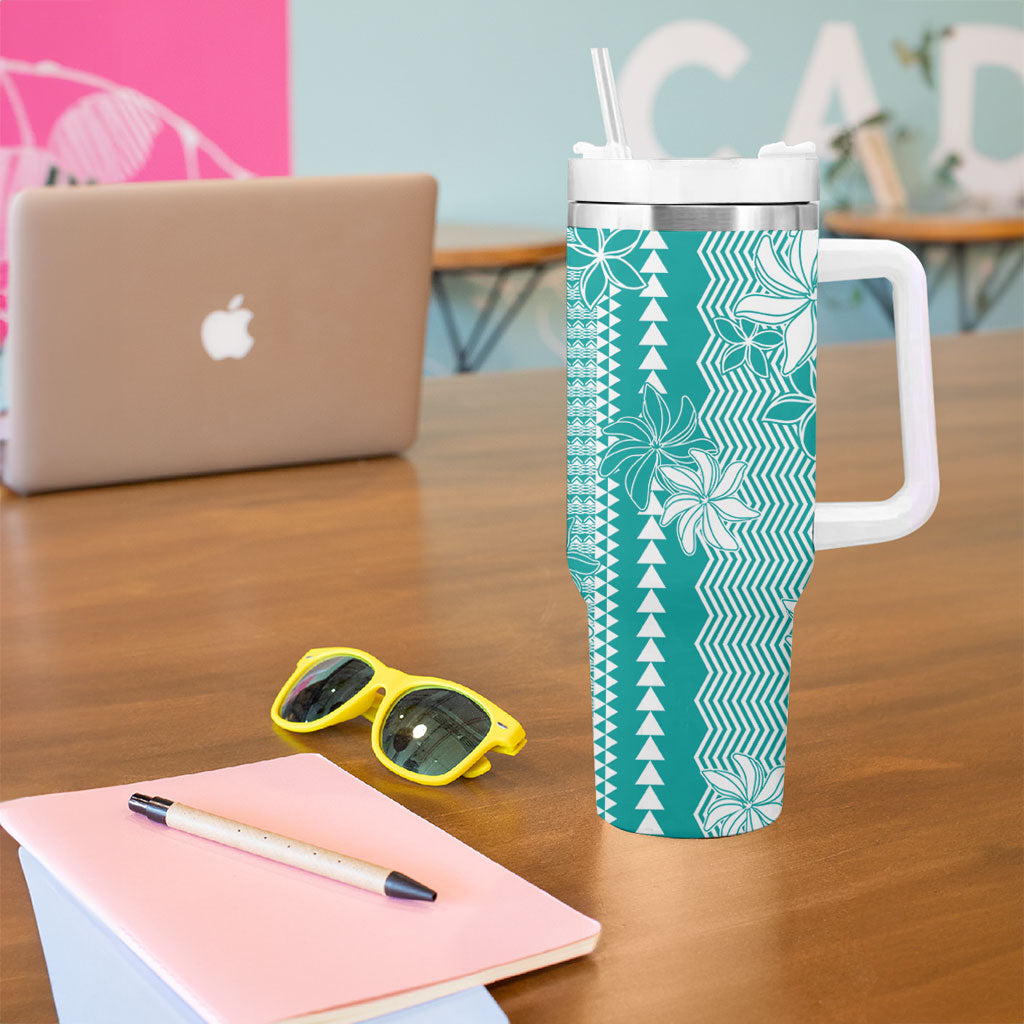 Hawaii Kakau Tribal Tumbler With Handle With Teal Tiare