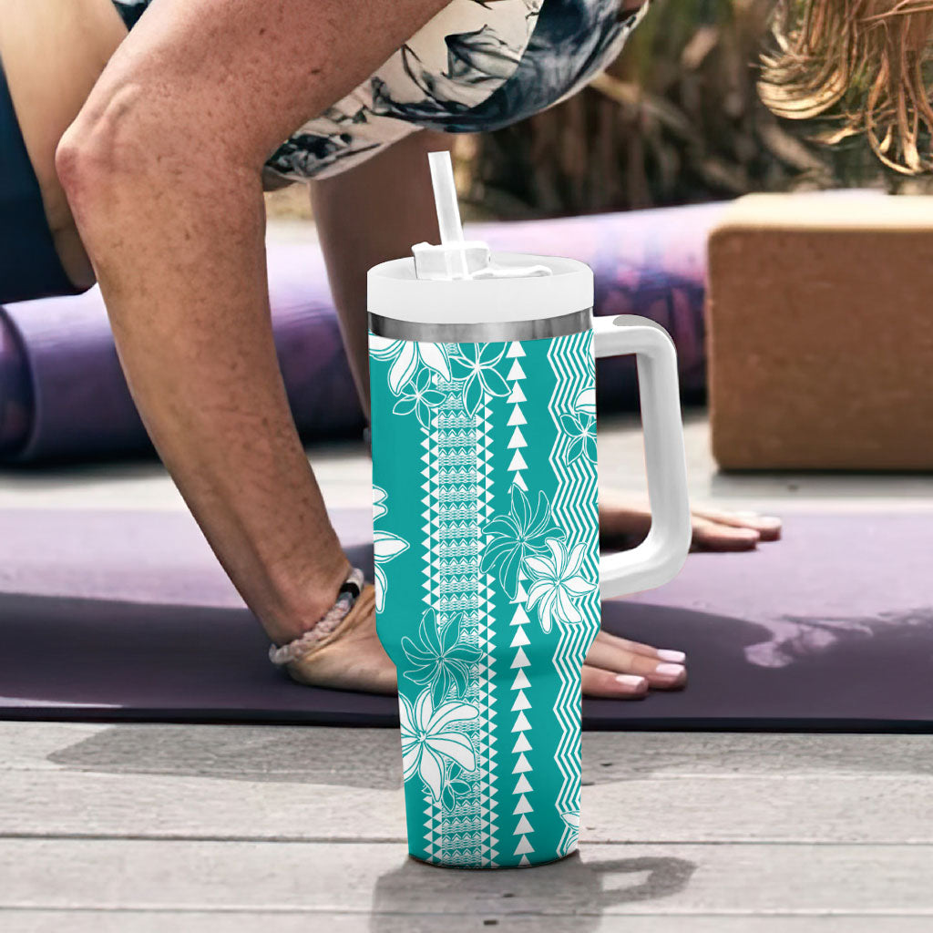 Hawaii Kakau Tribal Tumbler With Handle With Teal Tiare