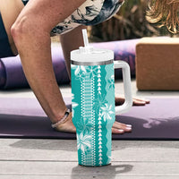 Hawaii Kakau Tribal Tumbler With Handle With Teal Tiare