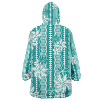 Hawaii Kakau Tribal Wearable Blanket Hoodie With Teal Tiare