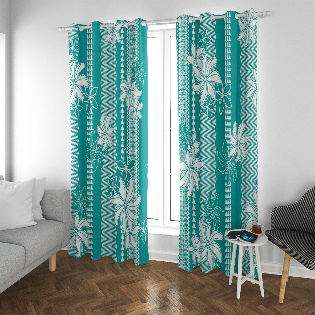 Hawaii Kakau Tribal Window Curtain With Teal Tiare