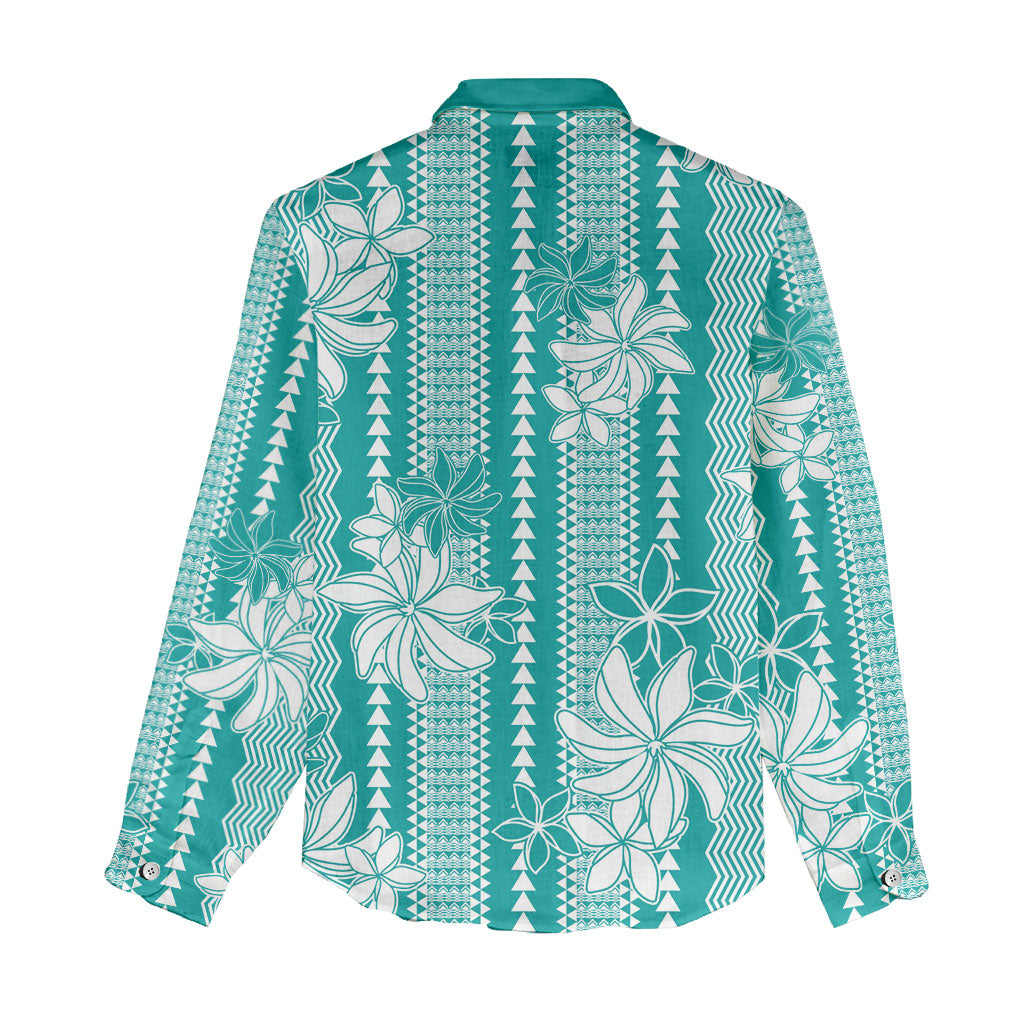 Hawaii Kakau Tribal Women Casual Shirt With Teal Tiare
