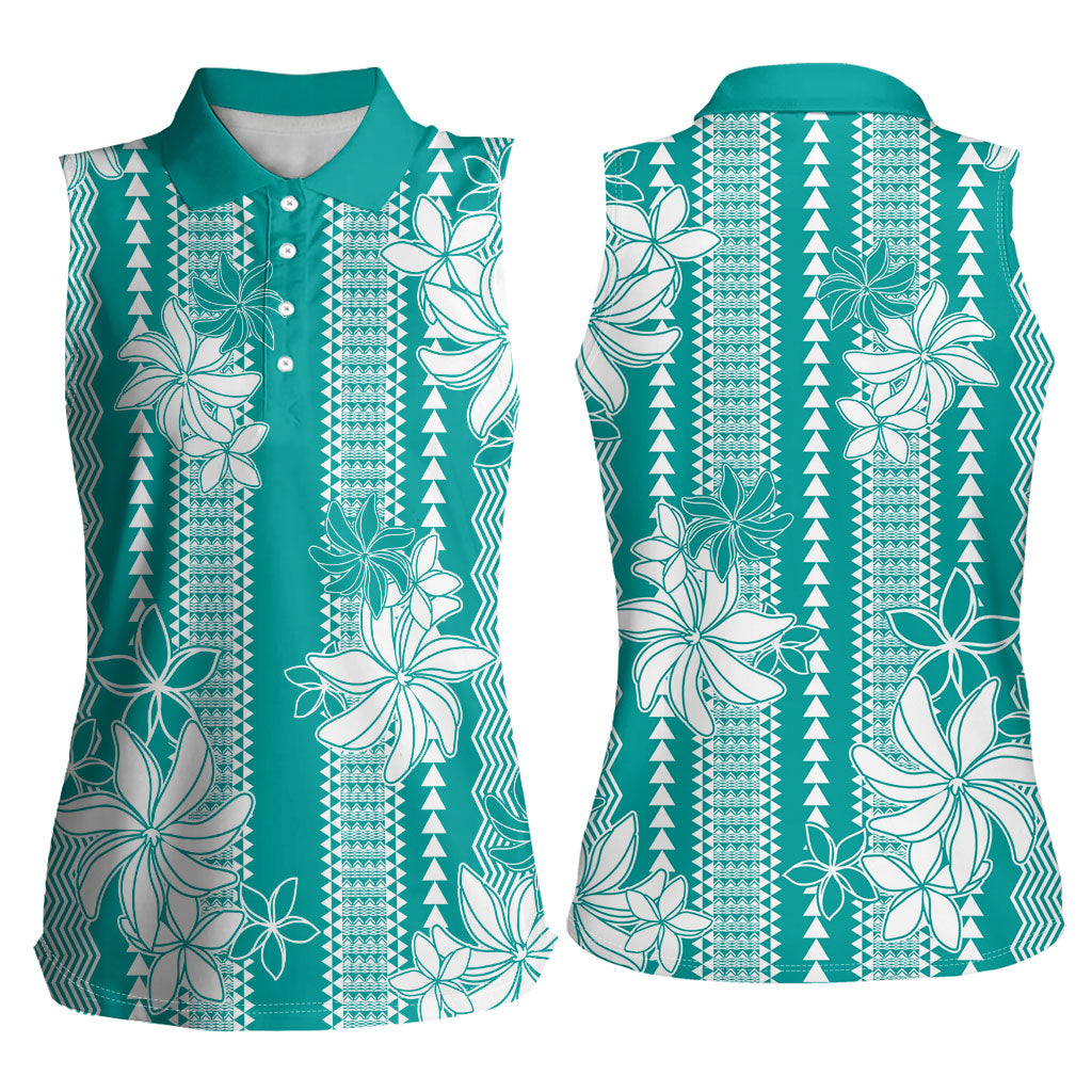 Hawaii Kakau Tribal Women Sleeveless Polo Shirt With Teal Tiare