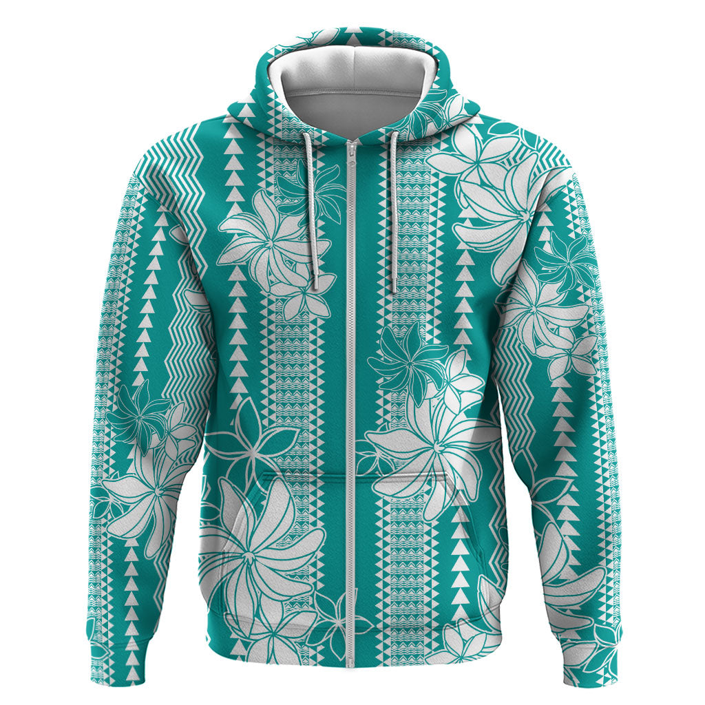 Hawaii Kakau Tribal Zip Hoodie With Teal Tiare