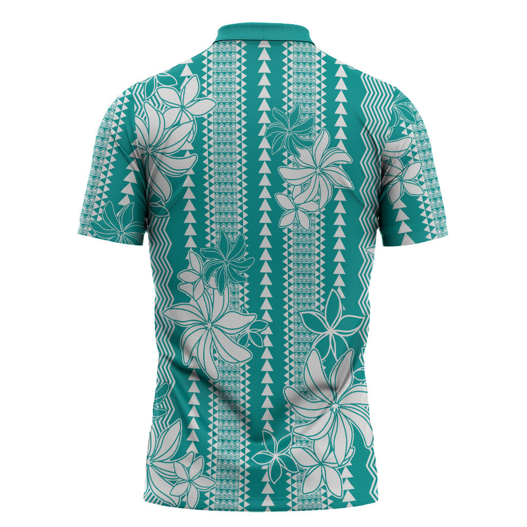 Hawaii Kakau Tribal Zipper Polo Shirt With Teal Tiare