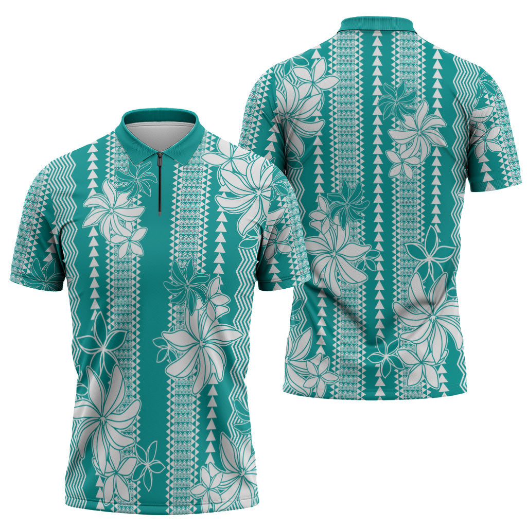 Hawaii Kakau Tribal Zipper Polo Shirt With Teal Tiare