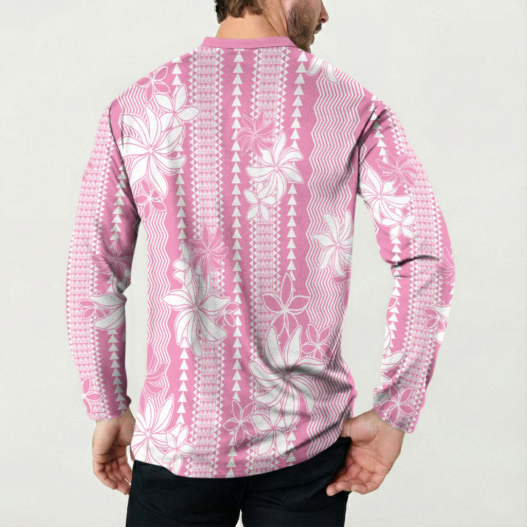 Hawaii Kakau Tribal Button Sweatshirt With Pink Tiare