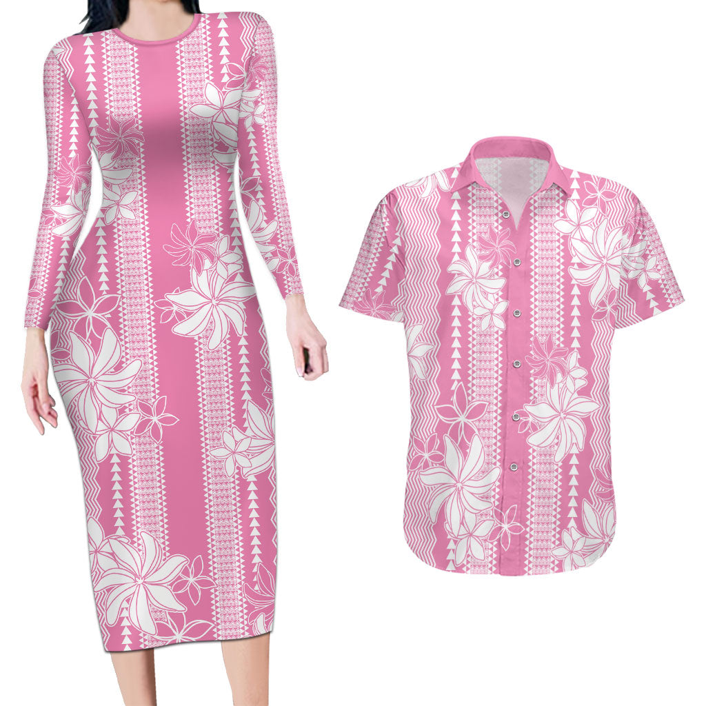 Hawaii Kakau Tribal Couples Matching Long Sleeve Bodycon Dress and Hawaiian Shirt With Pink Tiare LT05 Pink - Polynesian Pride