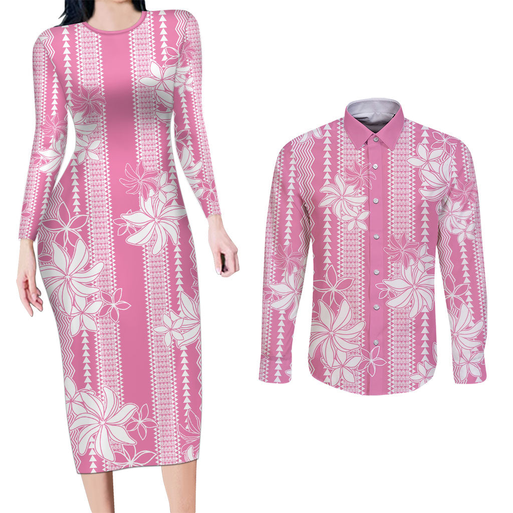 Hawaii Kakau Tribal Couples Matching Long Sleeve Bodycon Dress and Long Sleeve Button Shirt With Pink Tiare LT05 Pink - Polynesian Pride