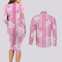 Hawaii Kakau Tribal Couples Matching Long Sleeve Bodycon Dress and Long Sleeve Button Shirt With Pink Tiare