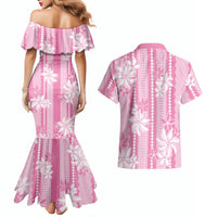 Hawaii Kakau Tribal Couples Matching Mermaid Dress and Hawaiian Shirt With Pink Tiare