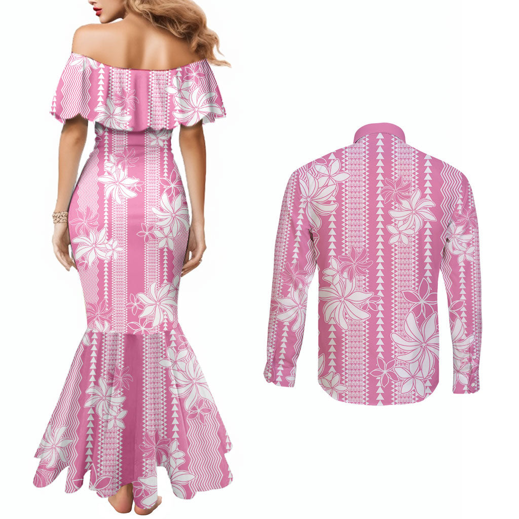 Hawaii Kakau Tribal Couples Matching Mermaid Dress and Long Sleeve Button Shirt With Pink Tiare