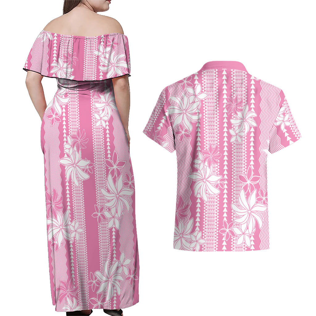 Hawaii Kakau Tribal Couples Matching Off Shoulder Maxi Dress and Hawaiian Shirt With Pink Tiare