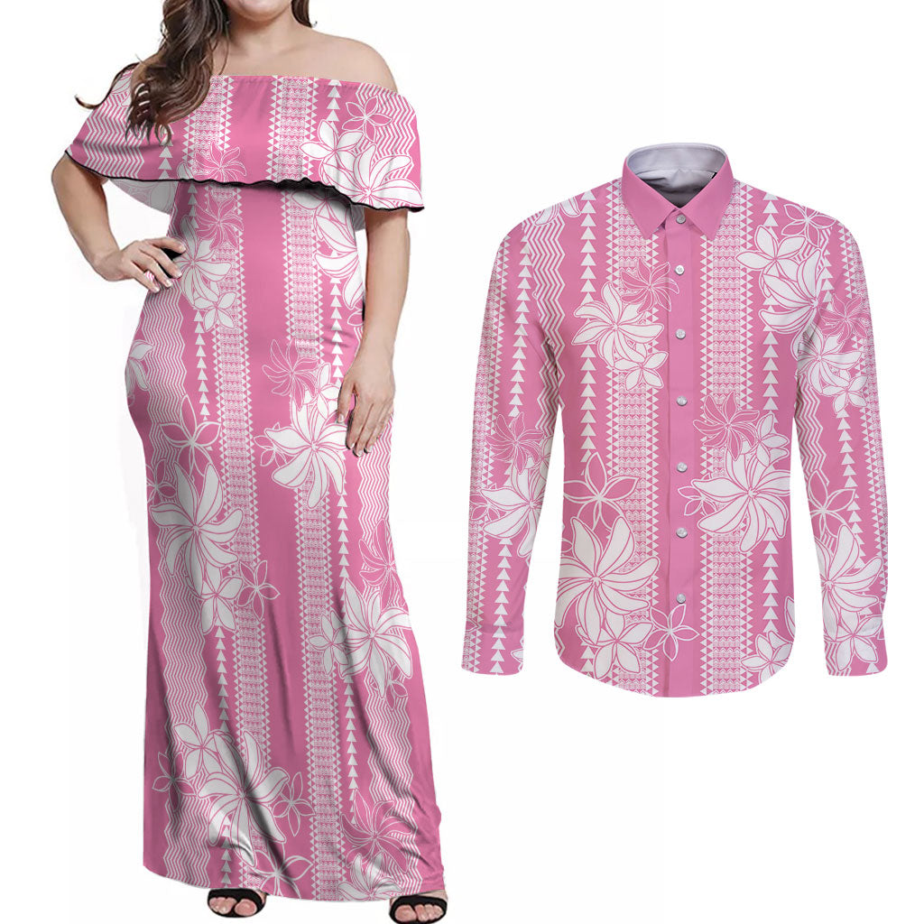 Hawaii Kakau Tribal Couples Matching Off Shoulder Maxi Dress and Long Sleeve Button Shirt With Pink Tiare