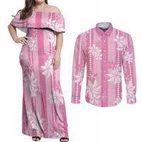 Hawaii Kakau Tribal Couples Matching Off Shoulder Maxi Dress and Long Sleeve Button Shirt With Pink Tiare