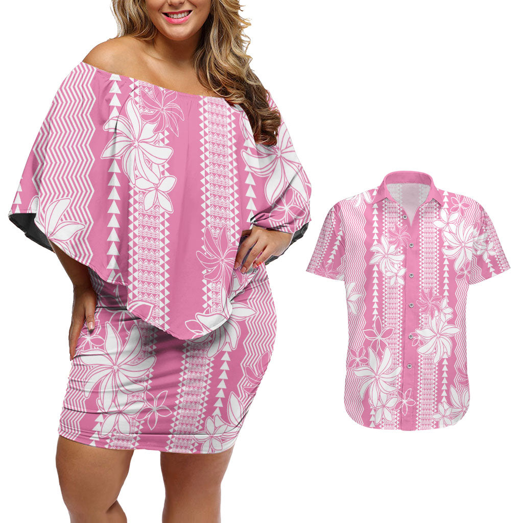 Hawaii Kakau Tribal Couples Matching Off Shoulder Short Dress and Hawaiian Shirt With Pink Tiare LT05 Pink - Polynesian Pride