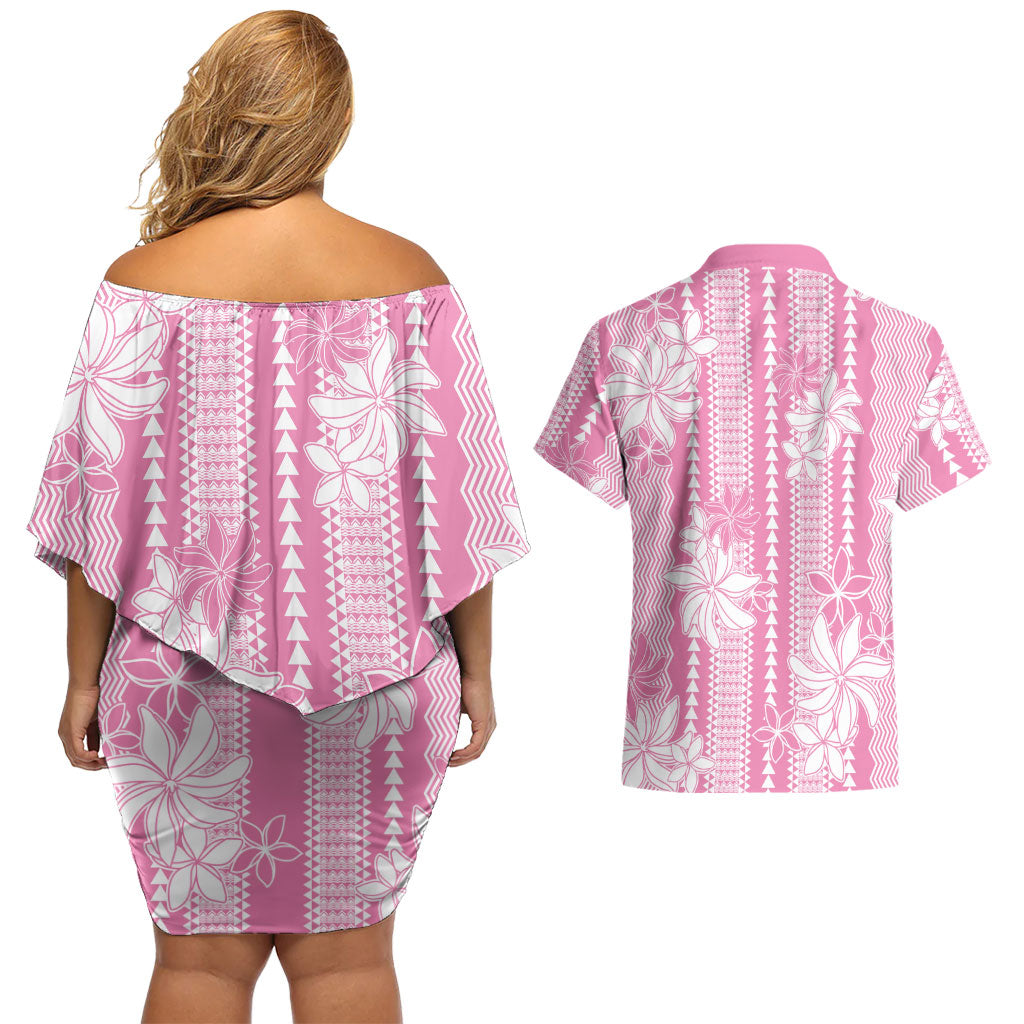 Hawaii Kakau Tribal Couples Matching Off Shoulder Short Dress and Hawaiian Shirt With Pink Tiare